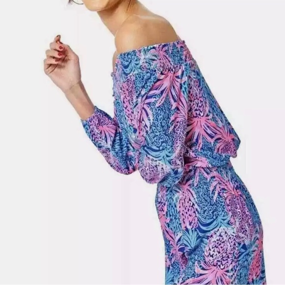 LILLY PULITZER Cyla Off-The-Shoulder Romper XS in Borealis Blue Tropic Down Low - Picture 3 of 7